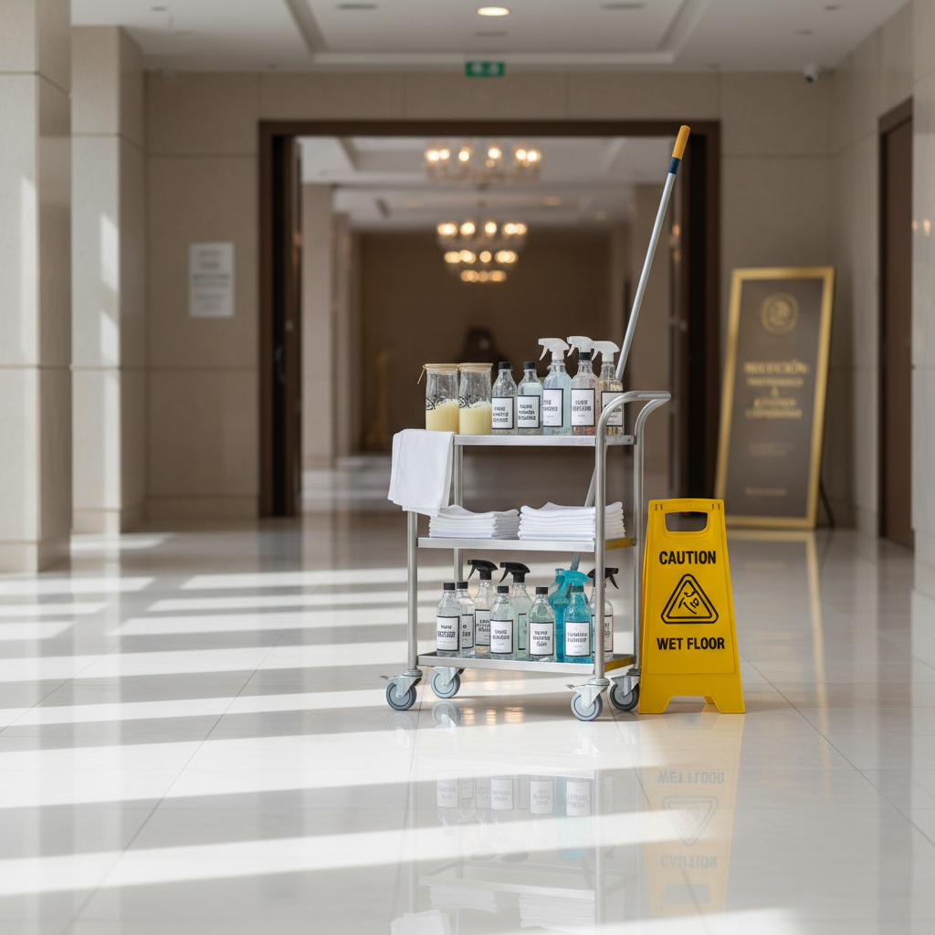 A meticulously arranged set of professional cleaning equipment for events, displayed in a spotless indoor venue corridor. A gleaming stainless-steel cleaning cart with organized shelves holds neatly folded white microfiber cloths, labeled spray bottles, eco-friendly detergents, and a bright yellow caution sign leaning carefully against it. The polished tile floor reflects soft overhead lighting, emphasizing cleanliness and order. In the softly blurred background, you can see the entrance to a modern event hall with elegant neutral-colored walls and subtle signage hinting at a wedding or corporate function. Photographic realism, shot at eye level with a slight angle, sharp focus on the cart and tools, and gentle bokeh behind, creating a professional, reliable, and trustworthy atmosphere suitable for a premium cleaning service in Santiago de Chile.