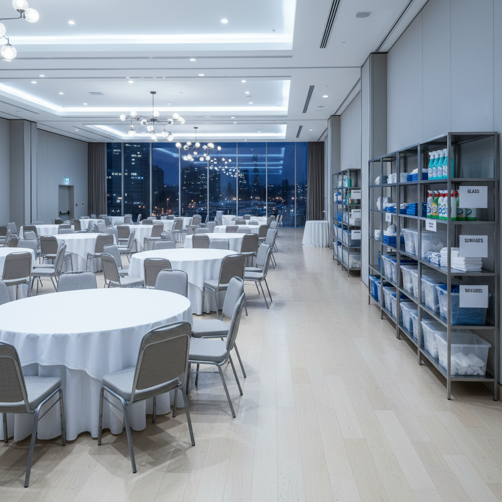 A wide, photographic, realistic interior view of a modern ballroom after an elegant corporate event, with rows of empty round tables and neatly aligned chairs. The white tablecloths are spotless, and the floor is perfectly clean, reflecting the cool, even glow of overhead LED lighting. On a side wall, discreet storage shelves display neatly organized cleaning supplies, color-coded bins, and labeled containers, emphasizing system and order. The scene is captured from a slightly elevated angle with sharp focus across the entire room, highlighting the pristine state of the venue. Large windows at the far end reveal a faint night-time cityscape of Santiago de Chile in soft blur. The mood is calm, professional, and efficient, conveying a sense of a job thoroughly and reliably completed.