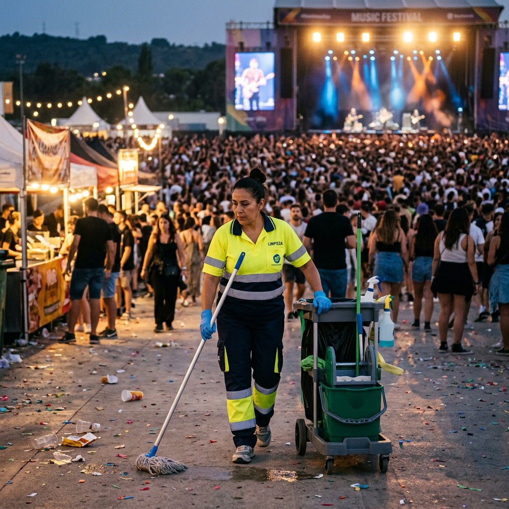 Sanitation worker mopping festival grounds with cleaning cart near crowd